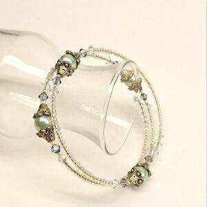 Blue Glass Faux Pearl and Swarovski Crystal Memory Wire Bracelet